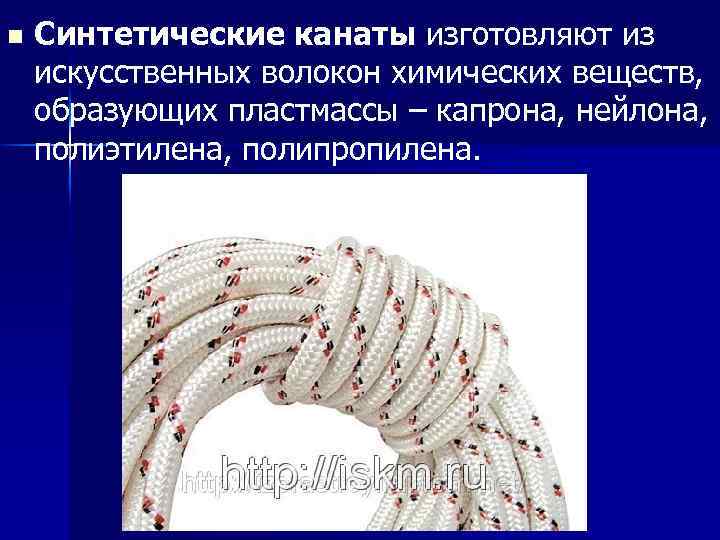n Синтетические канаты изготовляют из искусственных волокон химических веществ, образующих пластмассы – капрона, нейлона,