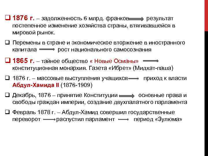 q 1876 г. – задолженность 6 млрд. франков результат постепенное изменение хозяйства страны, втягивавшейся