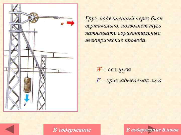 W Груз, подвешенный через блок вертикально, позволяет туго натягивать горизонтальные электрические провода. W -