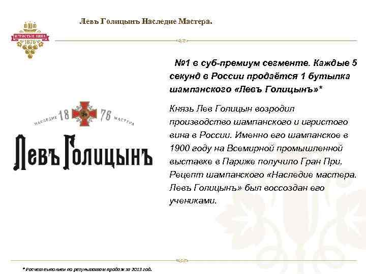Левъ Голицынъ Наследие Мастера. № 1 в суб-премиум сегменте. Каждые 5 секунд в России