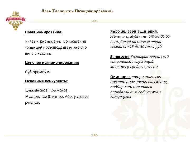 Левъ Голицынъ. Позиционирование: Князь игристых вин. Воплощение традиций производства игристого вина в России. Ценовое