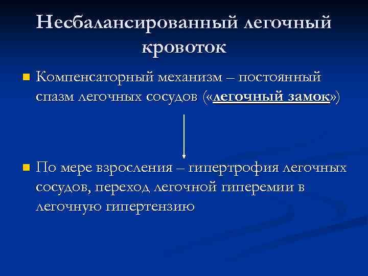 Несбалансированный легочный кровоток n Компенсаторный механизм – постоянный спазм легочных сосудов ( «легочный замок»