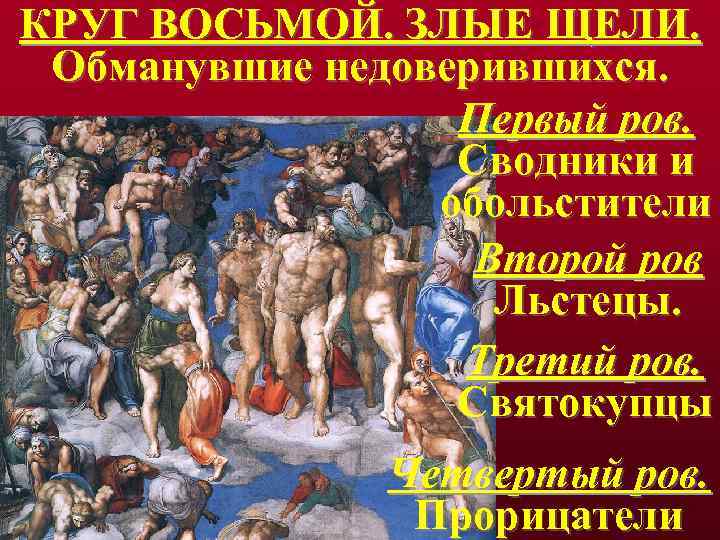 КРУГ ВОСЬМОЙ. ЗЛЫЕ ЩЕЛИ. Обманувшие недоверившихся. Первый ров. Сводники и обольстители Второй ров Льстецы.