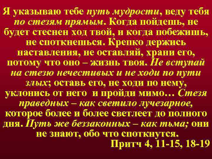 Я указываю тебе путь мудрости, веду тебя по стезям прямым. Когда пойдешь, не будет