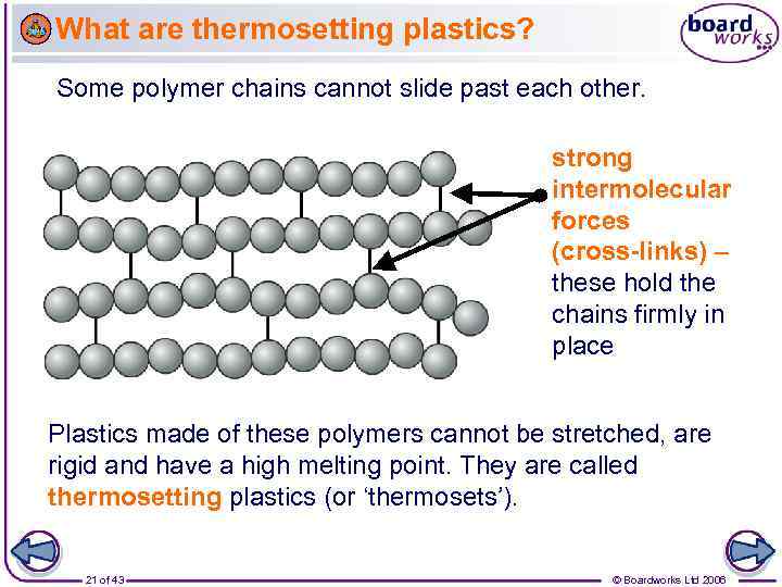 What are thermosetting plastics? Some polymer chains cannot slide past each other. strong intermolecular