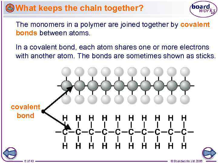 What keeps the chain together? The monomers in a polymer are joined together by