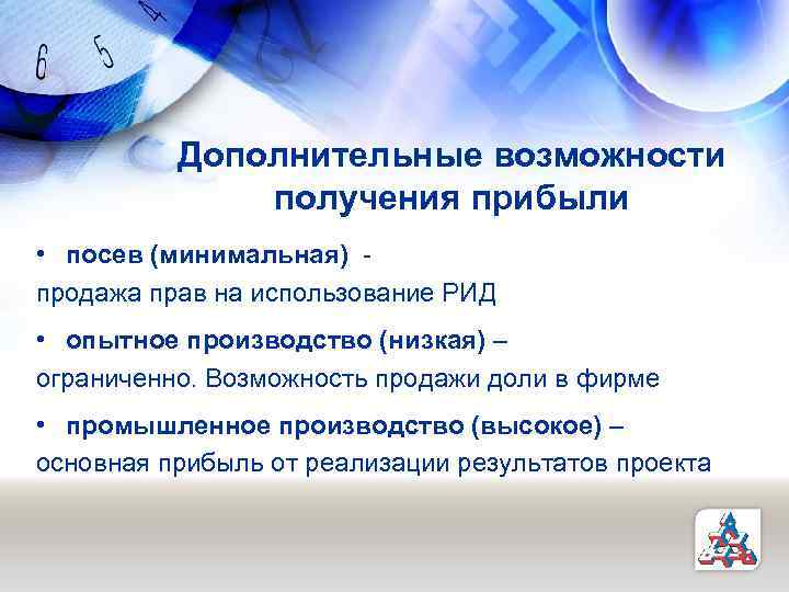 Дополнительные возможности получения прибыли • посев (минимальная) продажа прав на использование РИД • опытное