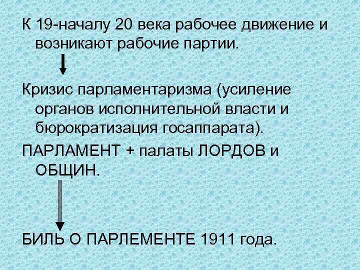 К 19 -началу 20 века рабочее движение и возникают рабочие партии. Кризис парламентаризма (усиление
