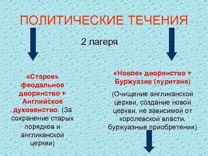 ПОЛИТИЧЕСКИЕ ТЕЧЕНИЯ 2 лагеря «Старое» феодальное дворянство + Английское духовенство. (За сохранение старых порядков