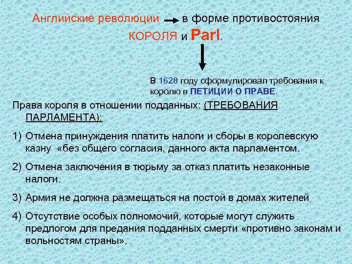 Английские революции в форме противостояния КОРОЛЯ и Parl. В 1628 году сформулировал требования к