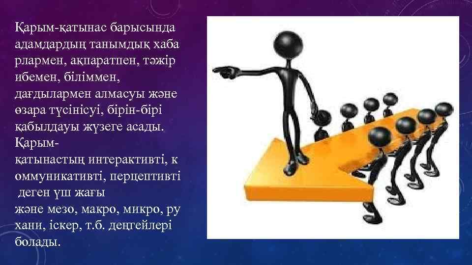 Қарым-қатынас барысында адамдардың танымдық хаба рлармен, ақпаратпен, тәжір ибемен, біліммен, дағдылармен алмасуы және өзара