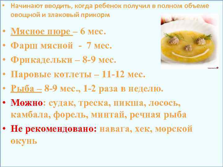  • Начинают вводить, когда ребенок получил в полном объеме овощной и злаковый прикорм