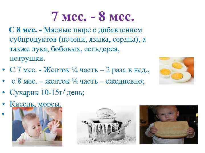 7 мес. - 8 мес. С 8 мес. - Мясные пюре с добавлением •