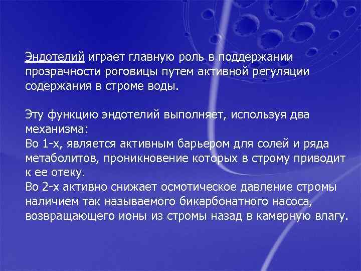 Эндотелий играет главную роль в поддержании прозрачности роговицы путем активной регуляции содержания в строме