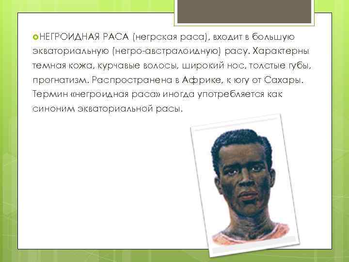  НЕГРОИДНАЯ РАСА (негрская раса), входит в большую экваториальную (негро-австралоидную) расу. Характерны темная кожа,