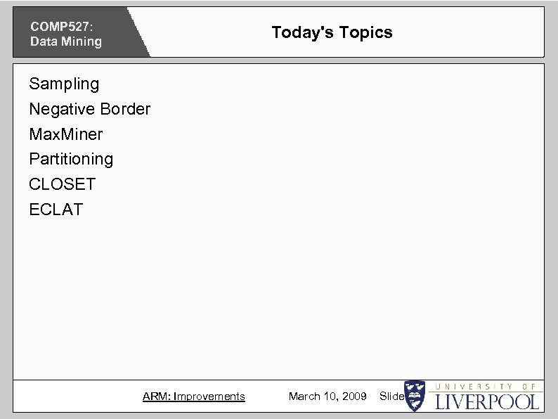 COMP 527: Data Mining Today's Topics Sampling Negative Border Max. Miner Partitioning CLOSET ECLAT