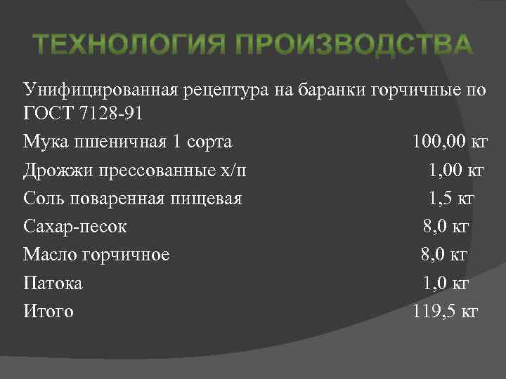 Унифицированная рецептура на баранки горчичные по ГОСТ 7128 -91 Мука пшеничная 1 сорта 100,
