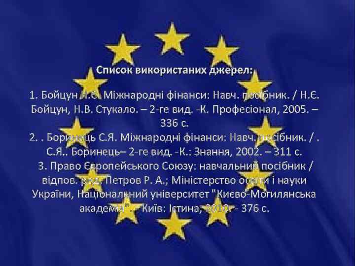 Список використаних джерел: 1. Бойцун Н. Є. Міжнародні фінанси: Навч. посібник. / Н. Є.