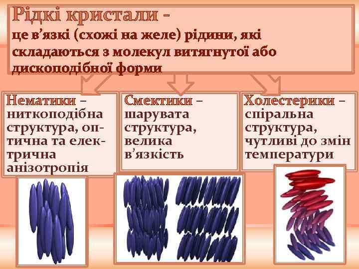 Рідкі кристали - це в’язкі (схожі на желе) рідини, які складаються з молекул витягнутої
