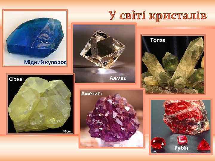 У світі кристалів Топаз Мідний купорос Алмаз Сірка Аметист Рубін 