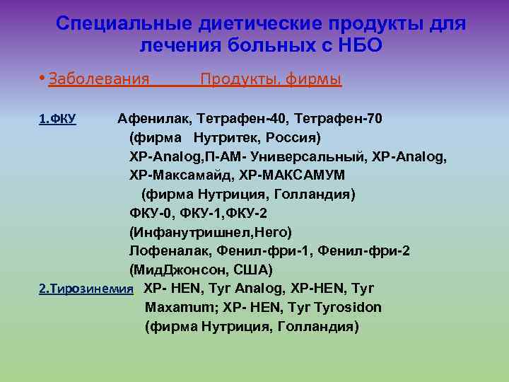 Специальные диетические продукты для лечения больных с НБО • Заболевания Продукты, фирмы 1. ФКУ