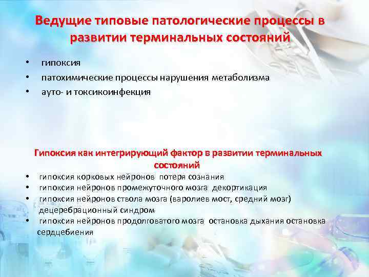 Ведущие типовые патологические процессы в развитии терминальных состояний • гипоксия • патохимические процессы нарушения