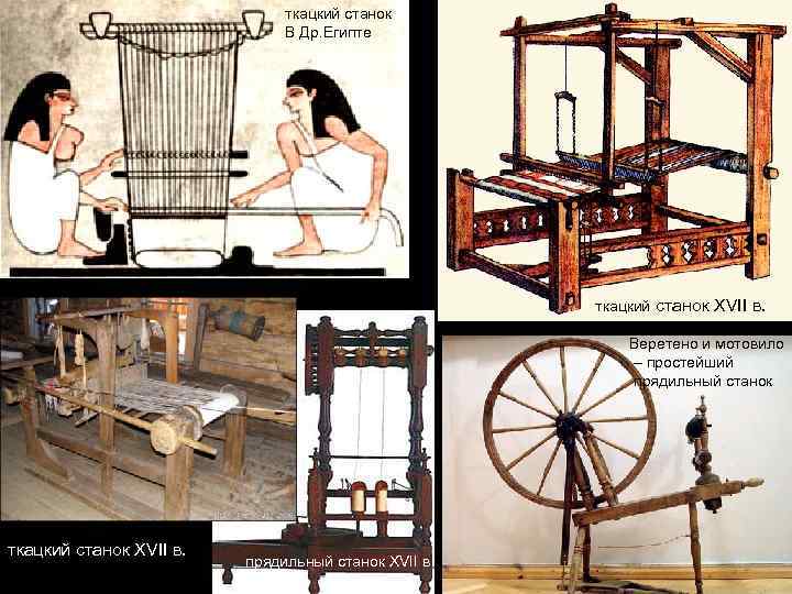ткацкий станок В Др. Египте ткацкий станок XVII в. Веретено и мотовило – простейший