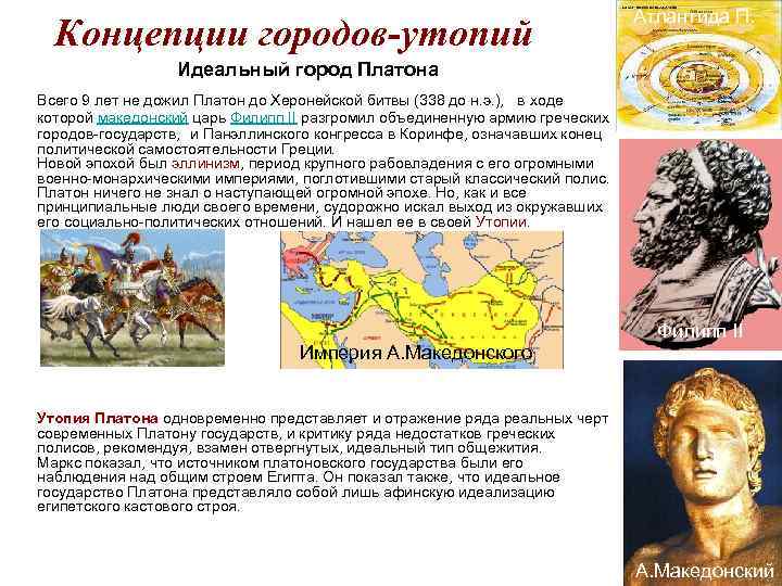 Концепции городов-утопий Идеальный город Платона Атлантида П. Всего 9 лет не дожил Платон до