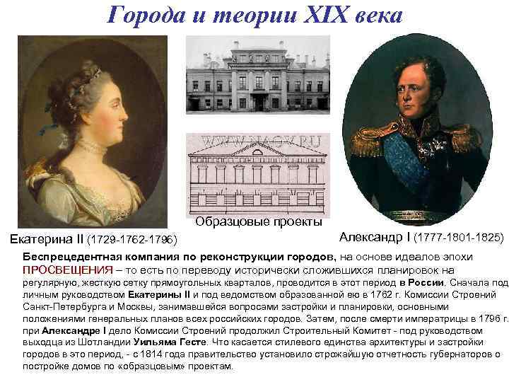 Города и теории XIX века Образцовые проекты Екатерина II (1729 -1762 -1796) Александр I