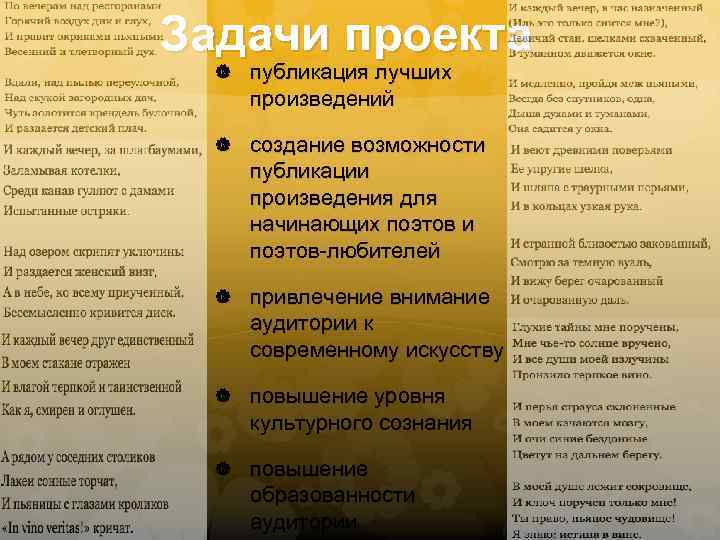 Задачи проекта публикация лучших произведений создание возможности публикации произведения для начинающих поэтов и поэтов-любителей