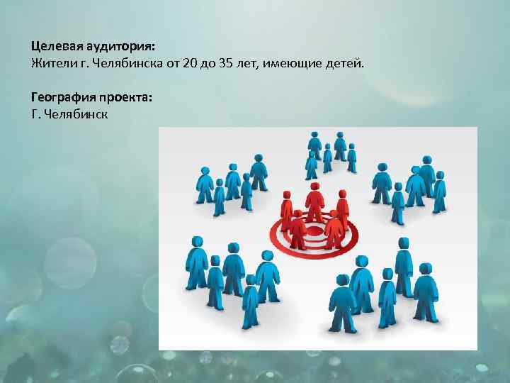 Целевая аудитория: Жители г. Челябинска от 20 до 35 лет, имеющие детей. География проекта: