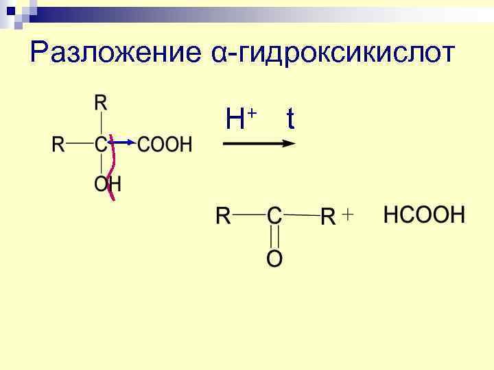 Разложение α-гидроксикислот Н+ t 