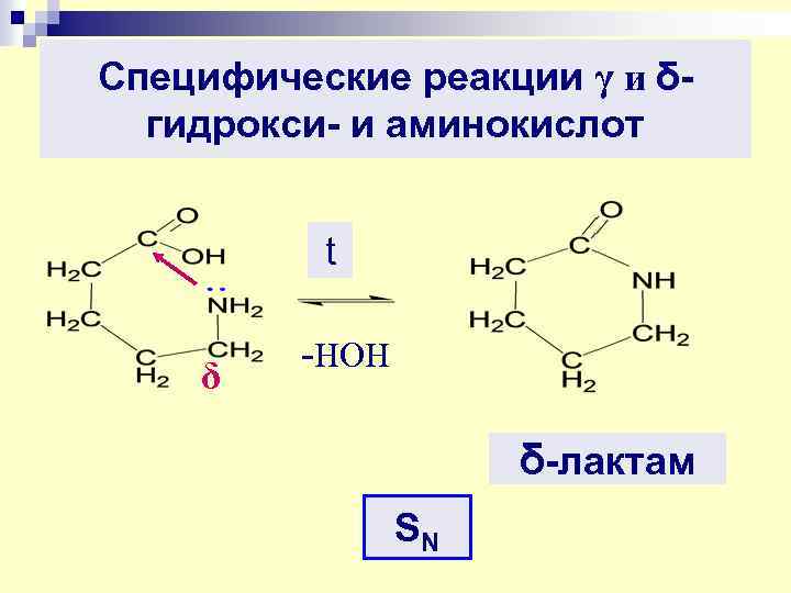 Специфические реакции γ и δгидрокси- и аминокислот t δ -HOH δ-лактам SN 