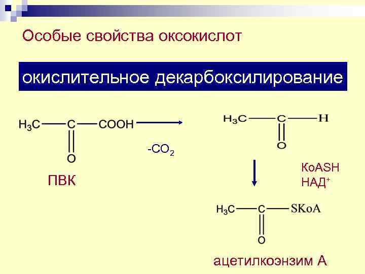 Особые свойства оксокислот неокислительное декарбоксилирование -СО 2 ПВК Ко. АSH НАД+ ацетилкоэнзим А 