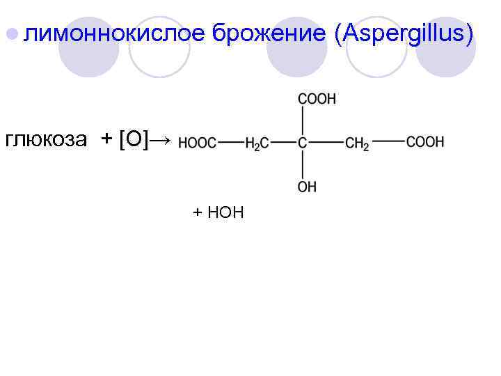 l лимоннокислое брожение (Aspergillus) глюкоза + [O]→ + HOH 