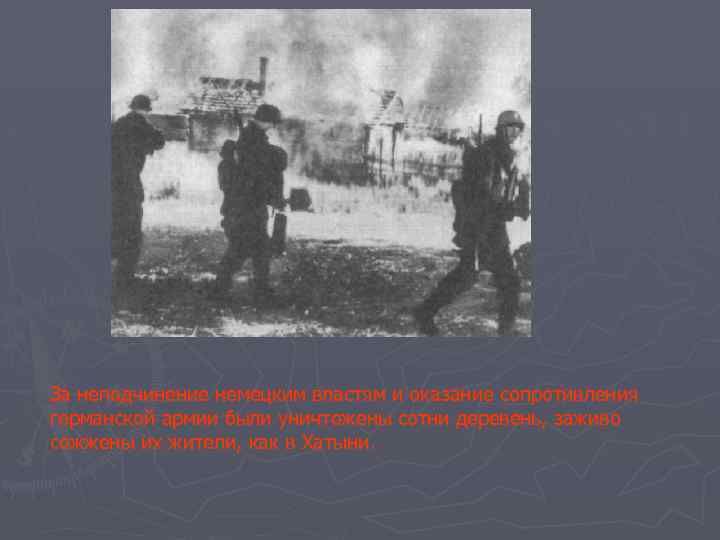 За неподчинение немецким властям и оказание сопротивления германской армии были уничтожены сотни деревень, заживо
