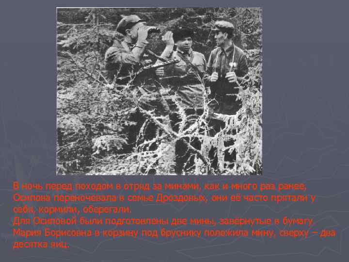 В ночь перед походом в отряд за минами, как и много раз ранее, Осипова
