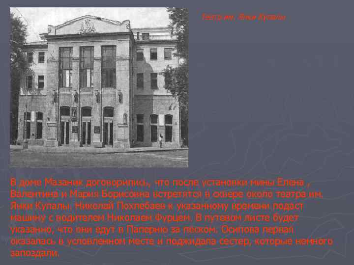 Театр им. Янки Купалы В доме Мазаник договорились, что после установки мины Елена ,