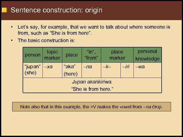 Sentence construction: origin • Let’s say, for example, that we want to talk about