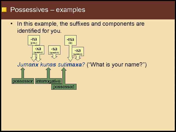 Possessives – examples • In this example, the suffixes and components are identified for