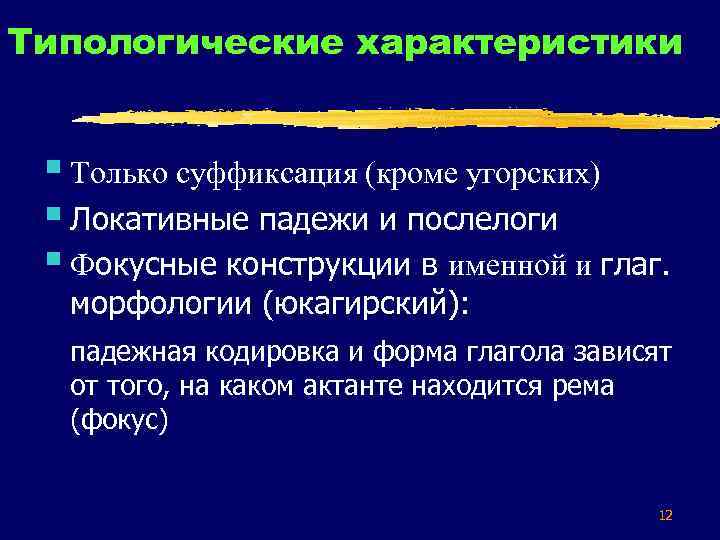 Типологические характеристики § Только суффиксация (кроме угорских) § Локативные падежи и послелоги § Фокусные