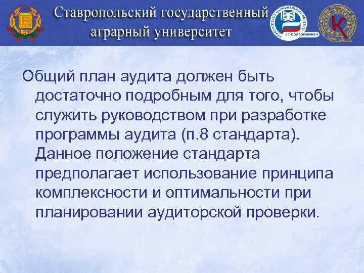 Общий план аудита должен быть достаточно подробным для того, чтобы служить руководством при разработке