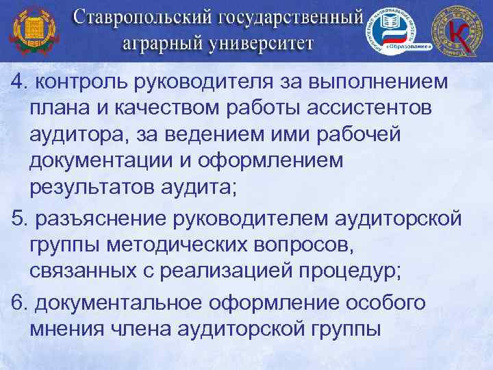 4. контроль руководителя за выполнением плана и качеством работы ассистентов аудитора, за ведением ими