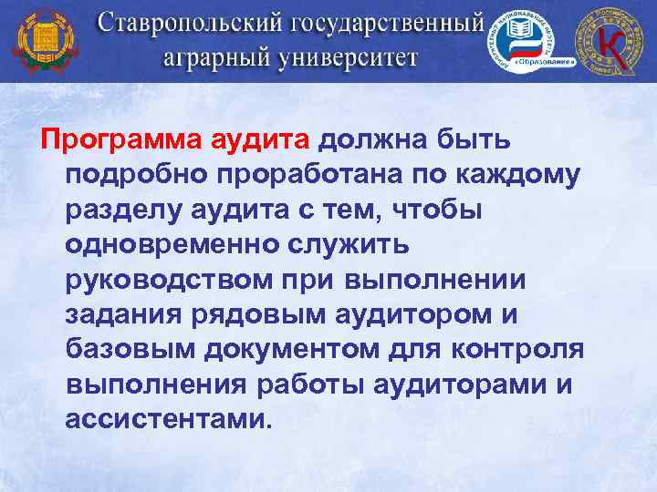 Программа аудита должна быть подробно проработана по каждому разделу аудита с тем, чтобы одновременно