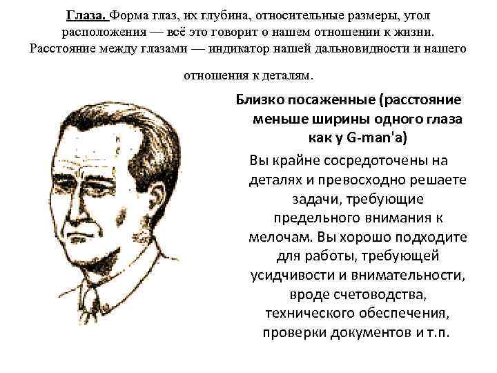 Глаза. Форма глаз, их глубина, относительные размеры, угол расположения — всё это говорит о
