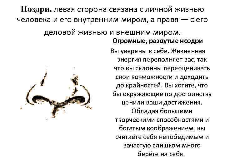 Ноздри. левая сторона связана с личной жизнью человека и его внутренним миром, а правя