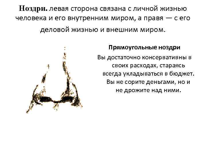 Ноздри. левая сторона связана с личной жизнью человека и его внутренним миром, а правя