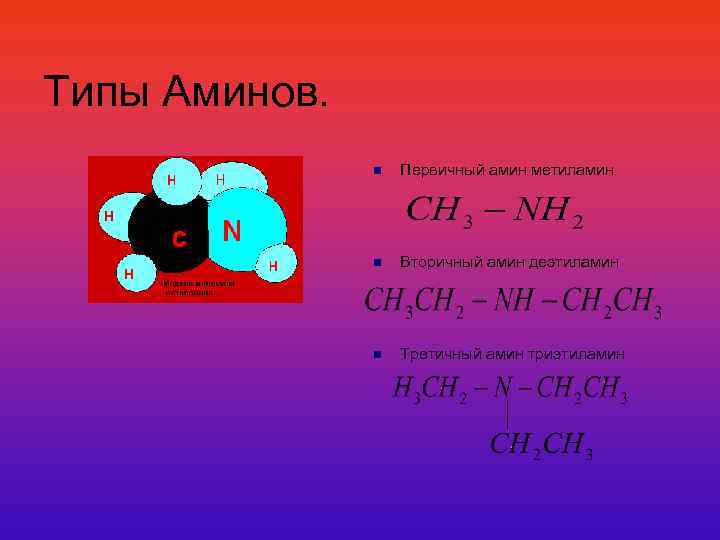 Типы Аминов. n Первичный амин метиламин n Вторичный амин деэтиламин n Третичный амин триэтиламин