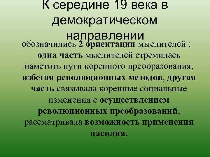 К середине 19 века в демократическом направлении обозначились 2 ориентации мыслителей : одна часть