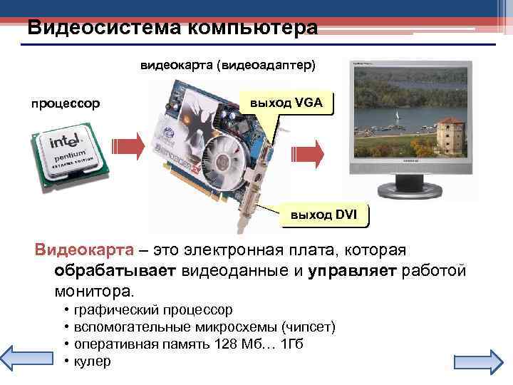 Видеосистема компьютера видеокарта (видеоадаптер) процессор выход VGA выход DVI Видеокарта – это электронная плата,